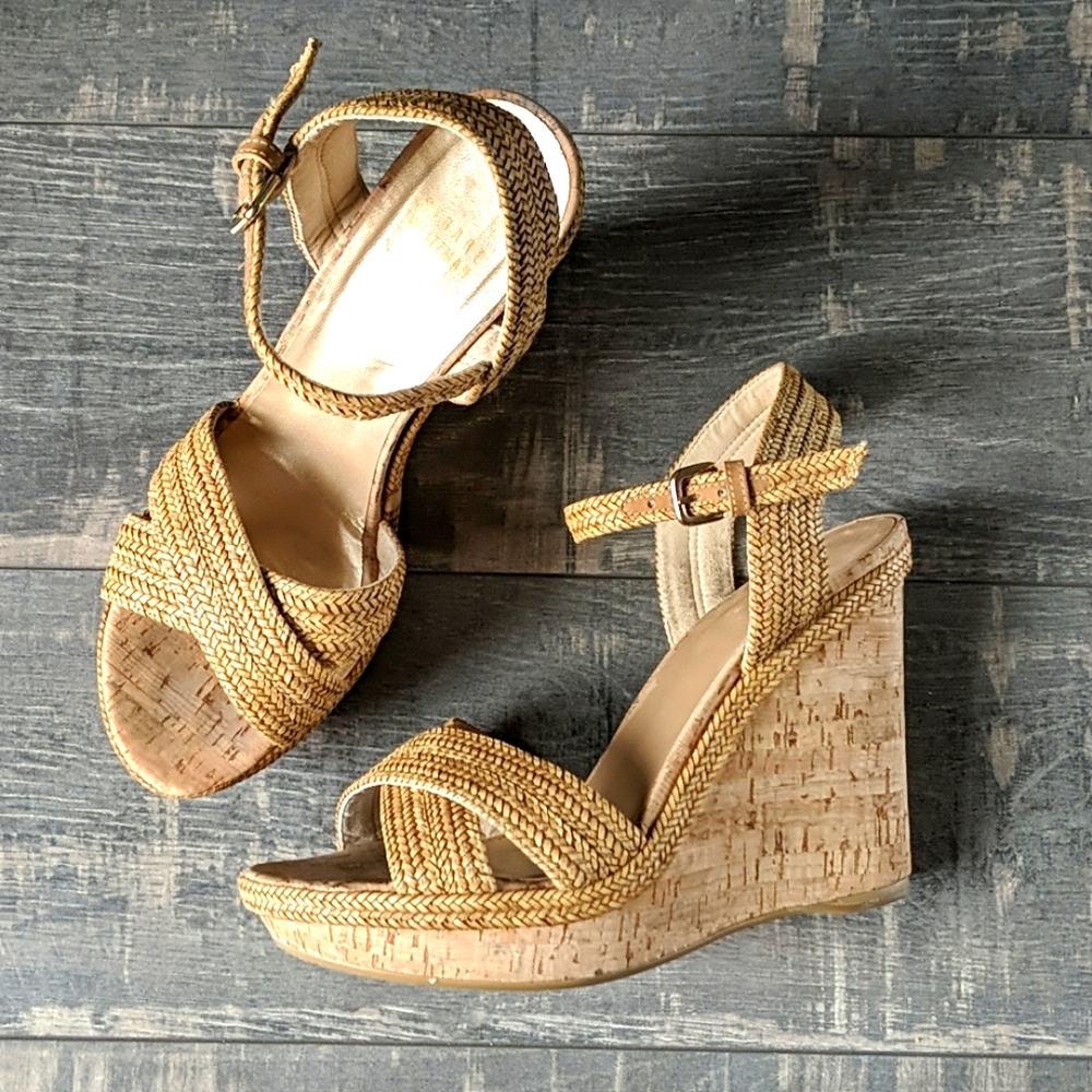 Stuart Weitzman Minx Woven Cork Wedge Sandal Camel